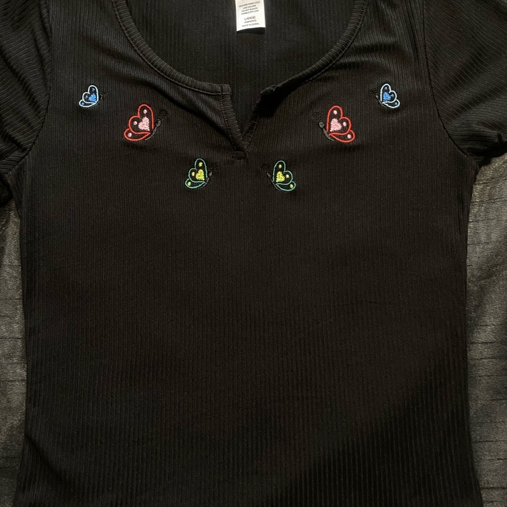 Black Top with Colorful Butterfly Accents